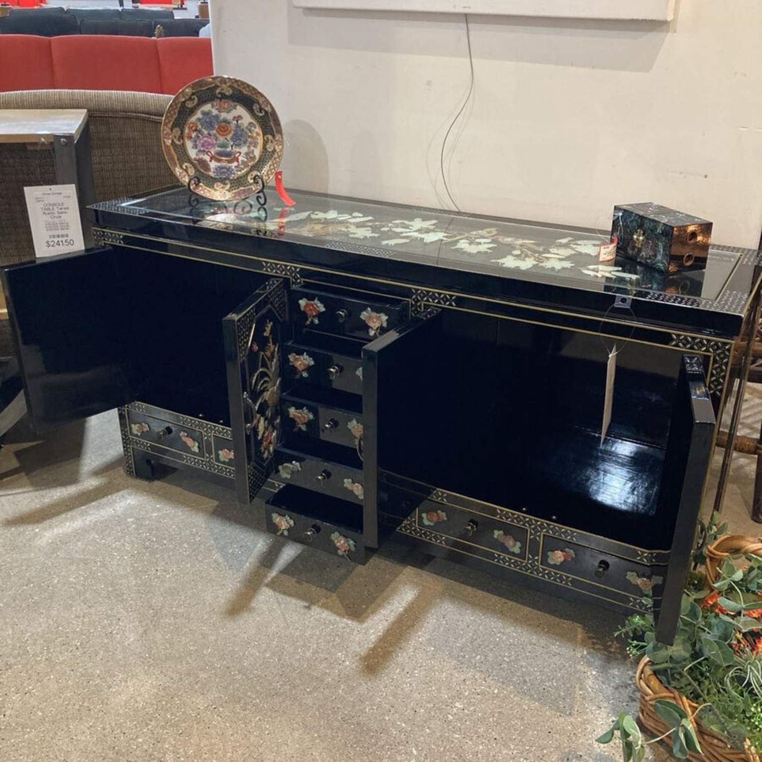 Oriental Lacquer Carved Inlay Buffet - image-6