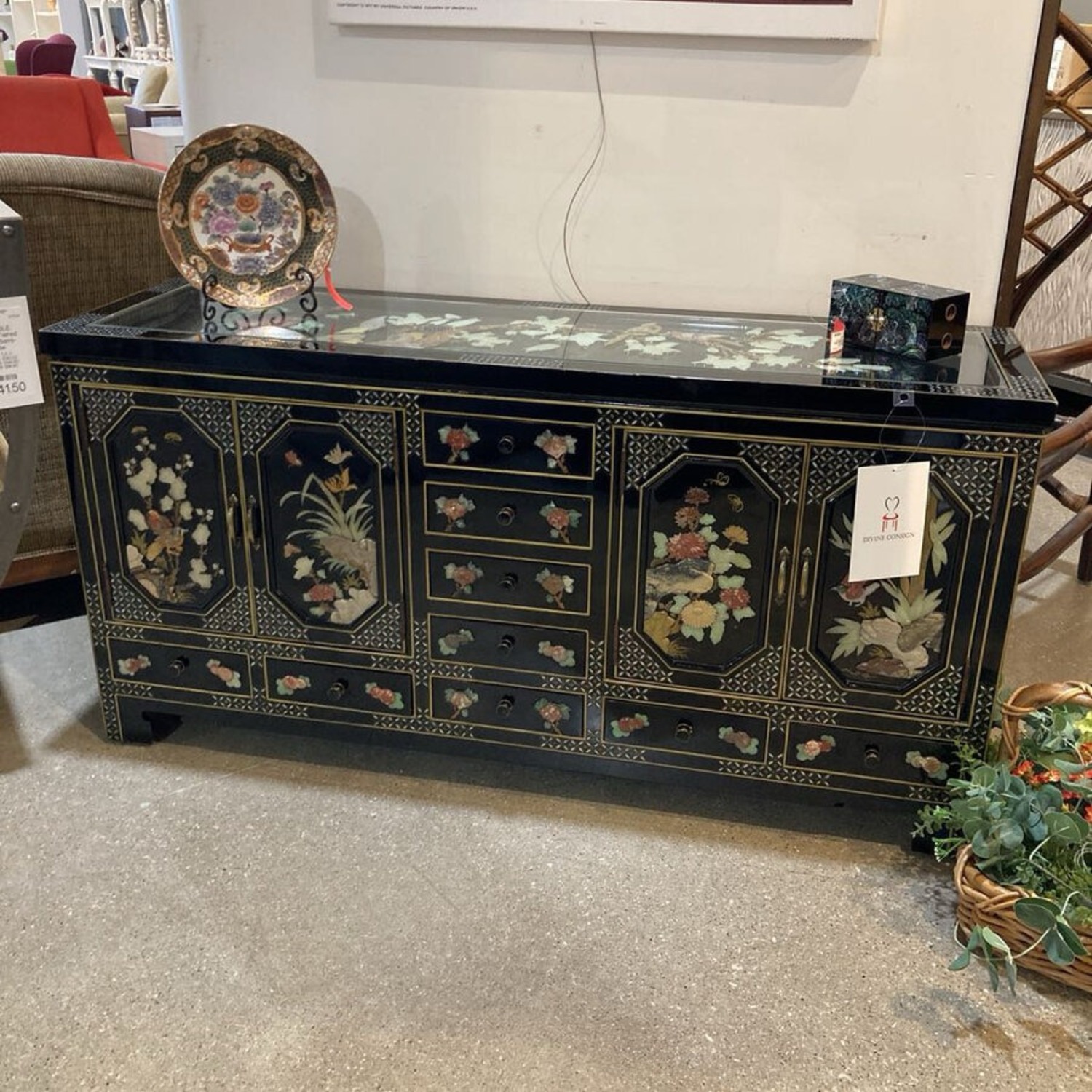 Oriental Lacquer Carved Inlay Buffet - image-3