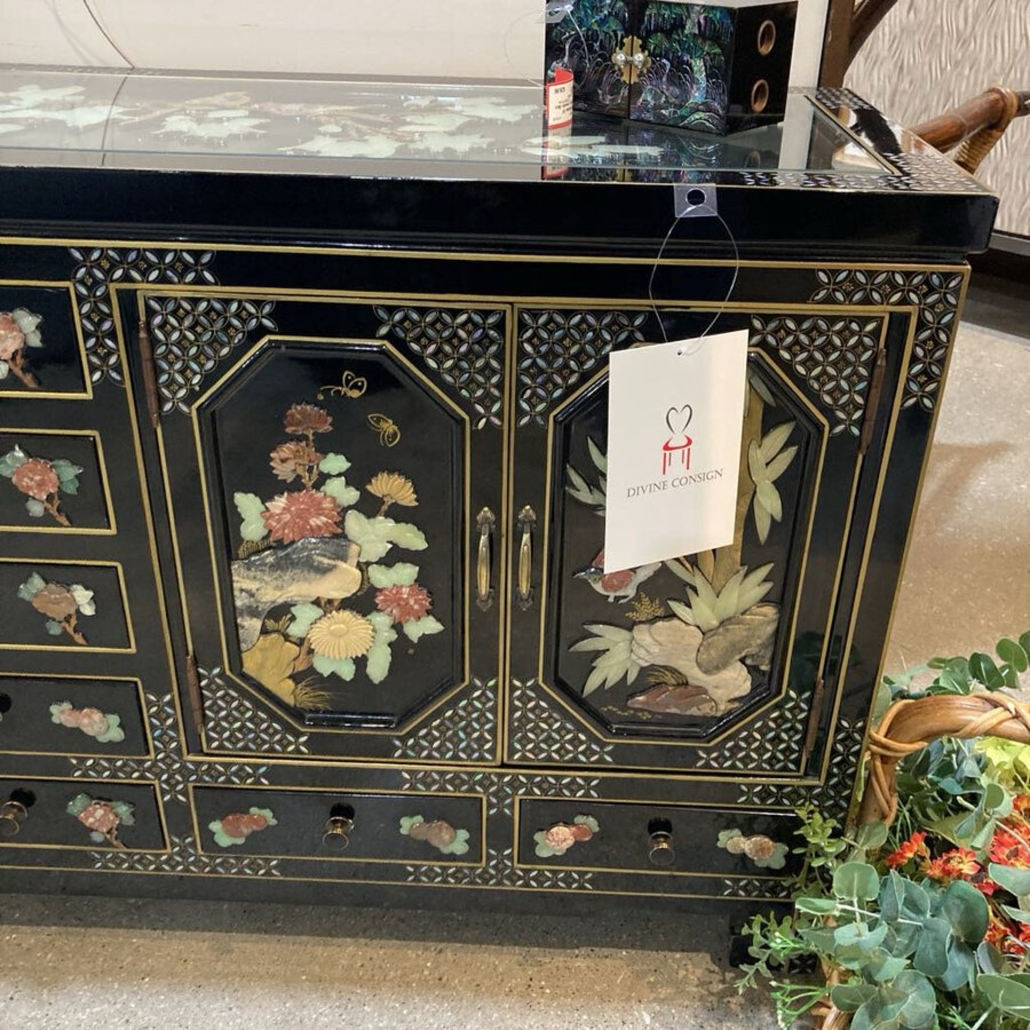 Oriental Lacquer Carved Inlay Buffet - image-4