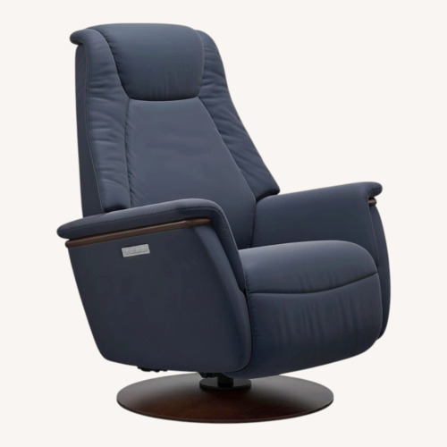 Used Stressless Mike Blue Leather Recliner W Wood Base for sale on AptDeco