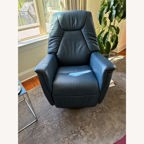 Used Stressless Mike Blue Leather Recliner W Wood Base for sale on AptDeco