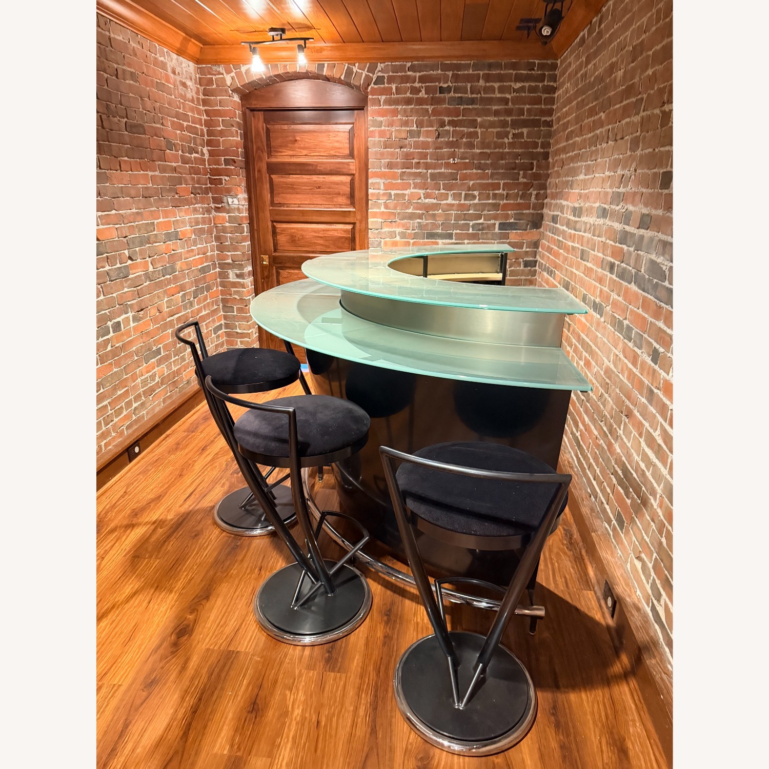 Modern Curved Glass Bar + 5 Swivel Stools - image-1
