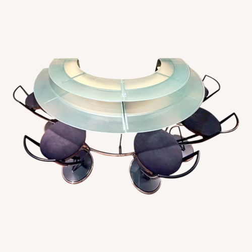 Used Modern Curved Glass Bar + 5 Swivel Stools for sale on AptDeco