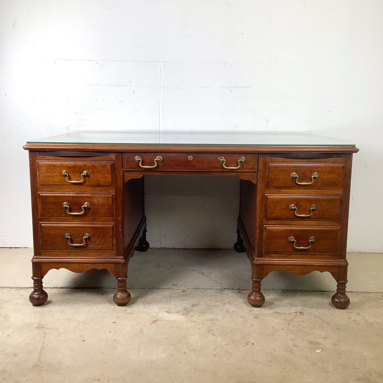 Antique Queen Anne Revival Kneehole Desk - image-1