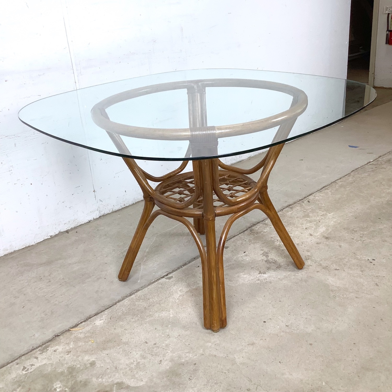 Vintage Rattan Dining Table W Glass Top - image-4