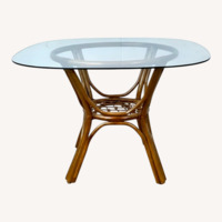 Vintage Rattan Dining Table W Glass Top