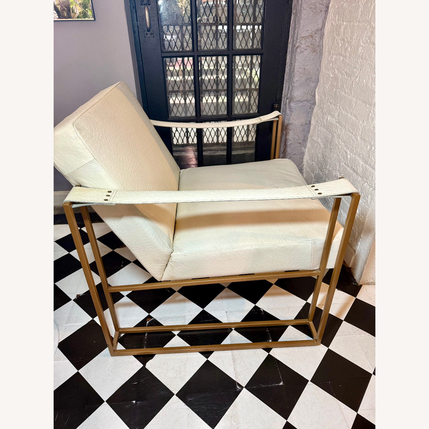 White Leather Lounge Chair with Gold Frame - image-1