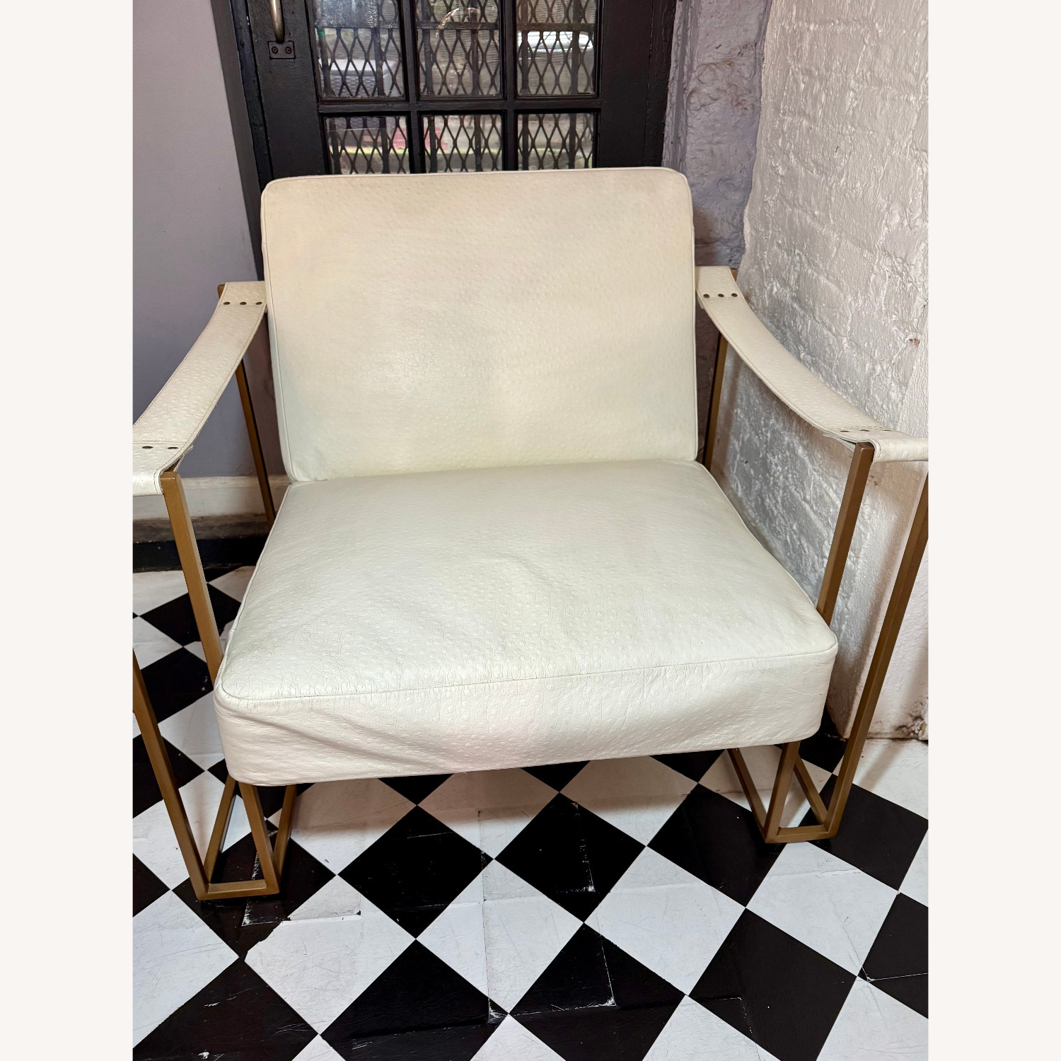 White Leather Lounge Chair with Gold Frame - image-2