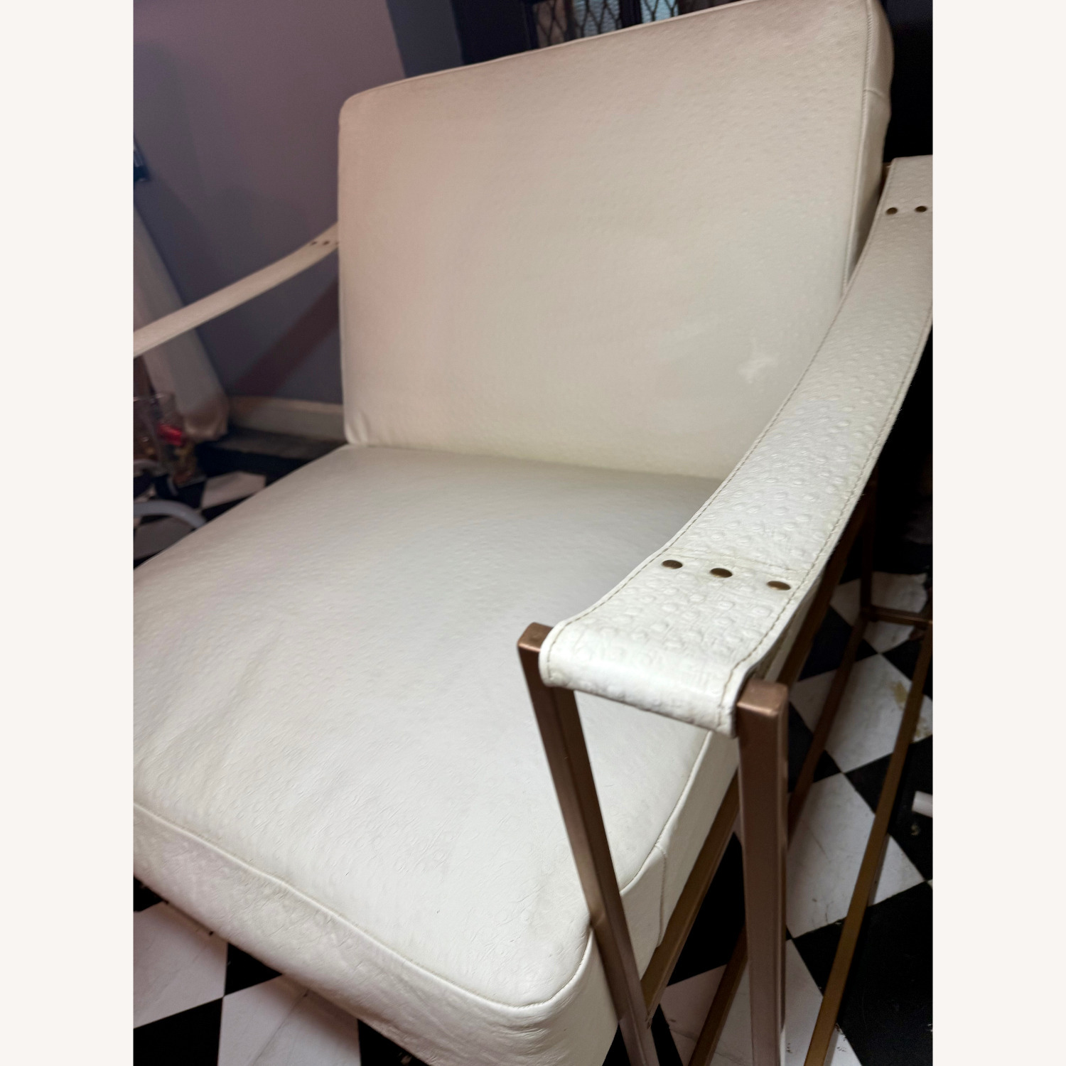 White Leather Lounge Chair with Gold Frame - image-3
