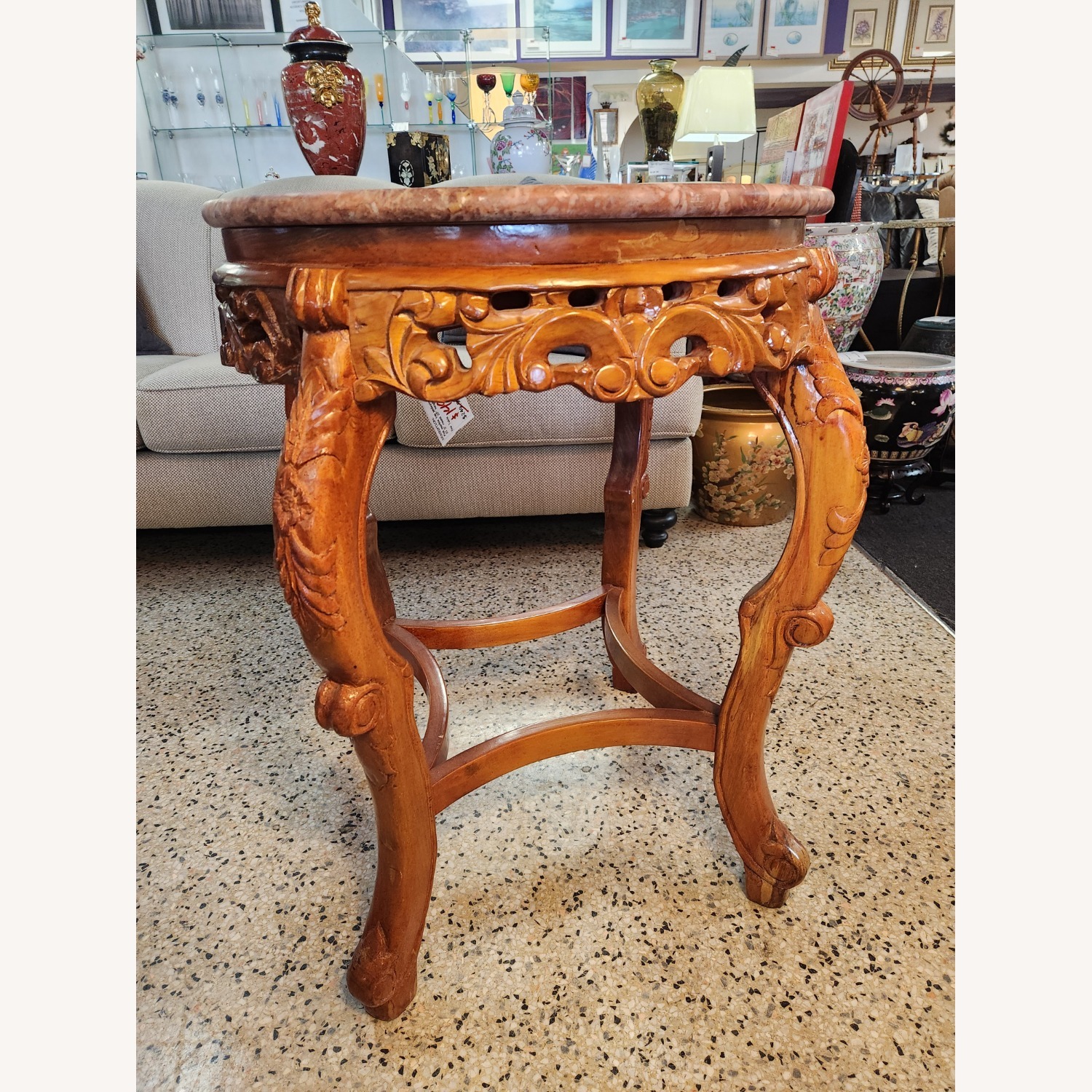 Pink Hue Stone Top Wood Base Side Table - image-10