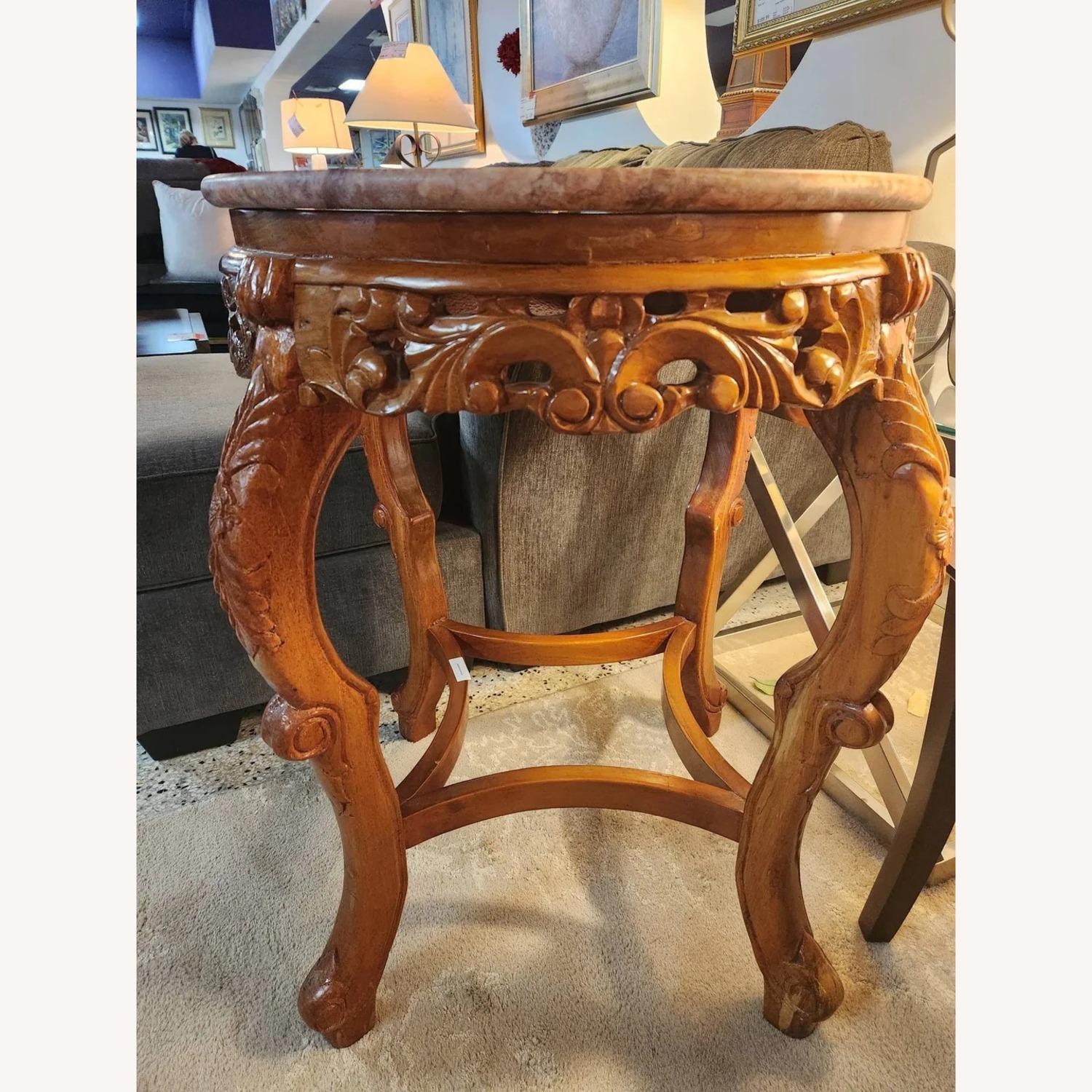 Pink Hue Stone Top Wood Base Side Table - image-2