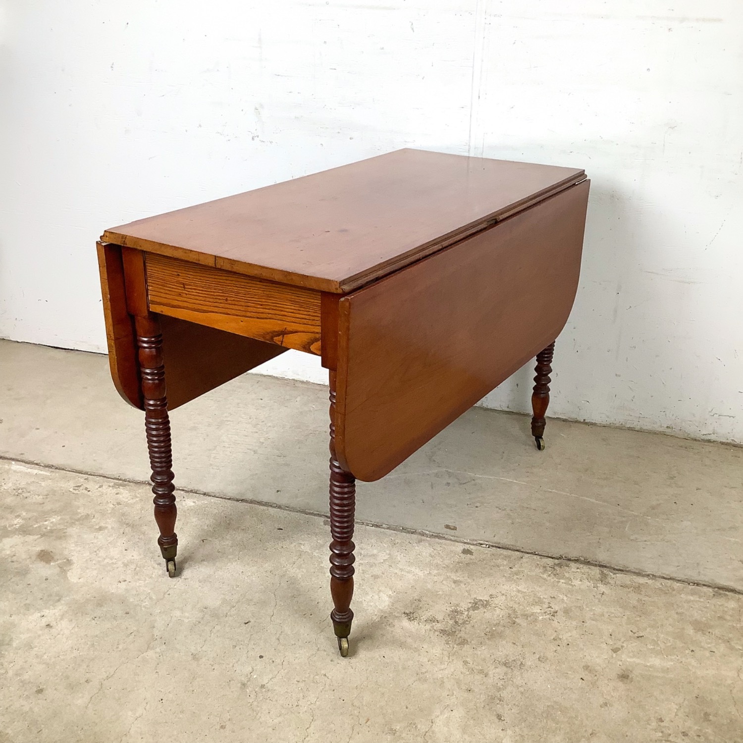 Antique Drop-Leaf Table, Spool Legs, Brass Casters - image-15