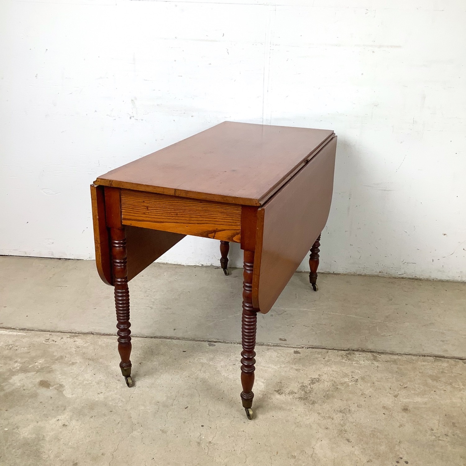 Antique Drop-Leaf Table, Spool Legs, Brass Casters - image-3