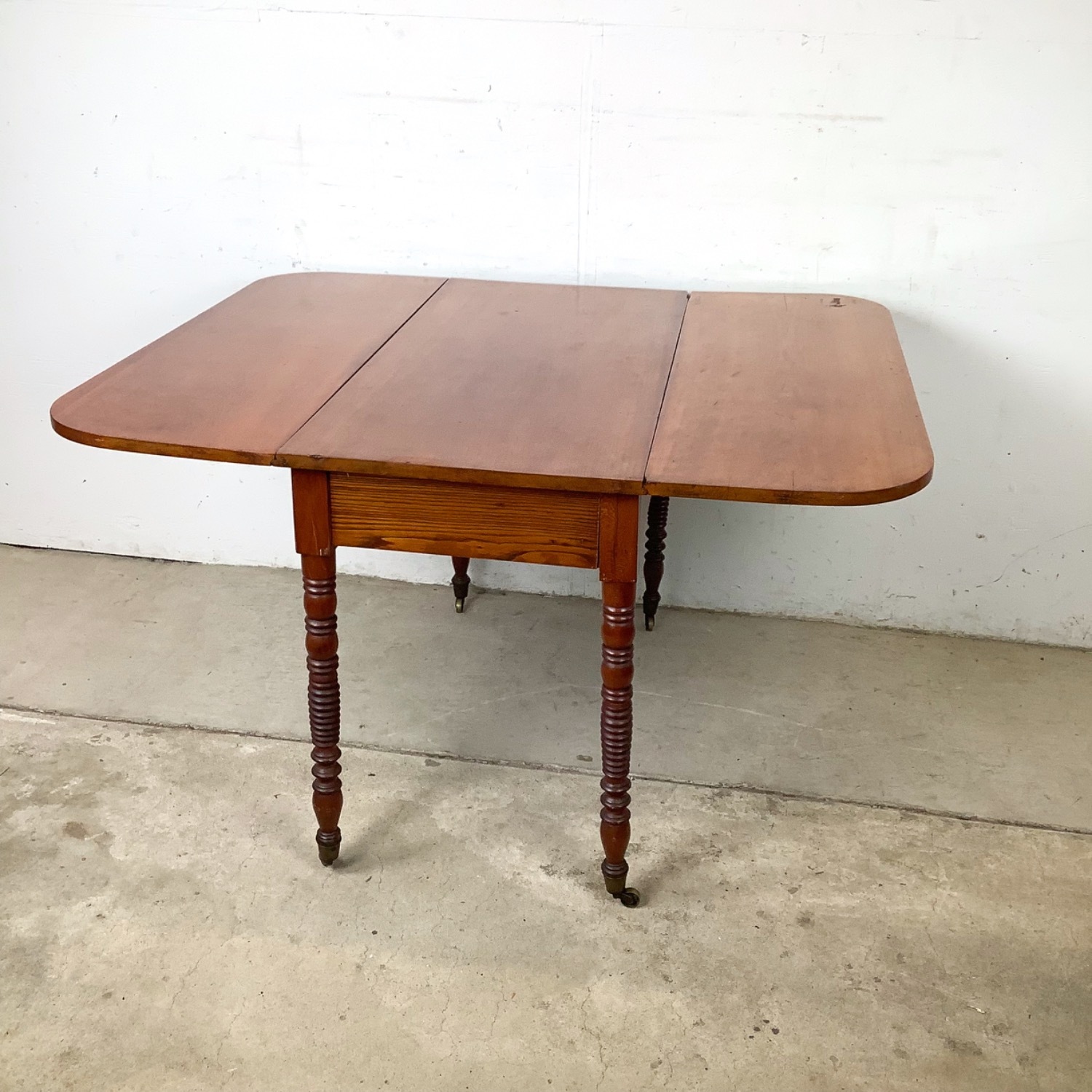 Antique Drop-Leaf Table, Spool Legs, Brass Casters - image-11