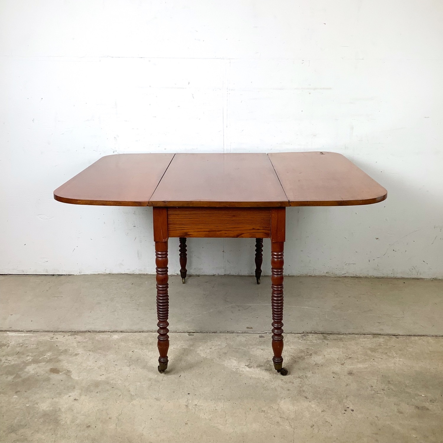 Antique Drop-Leaf Table, Spool Legs, Brass Casters - image-7