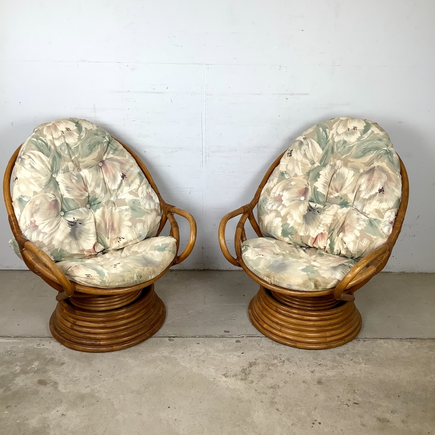 Pair Vintage Rattan Swivel Pedestal Lounge Chairs - image-2