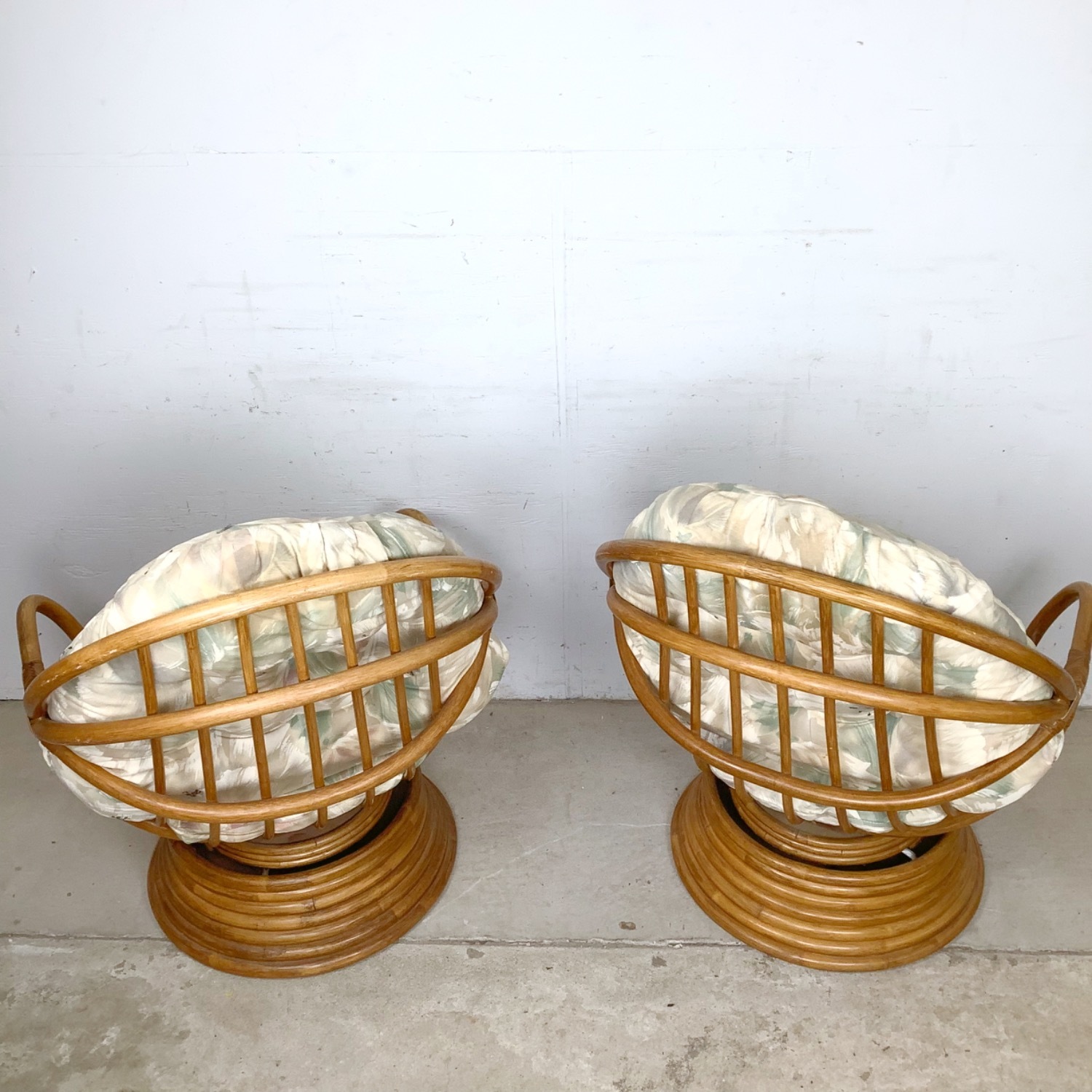 Pair Vintage Rattan Swivel Pedestal Lounge Chairs - image-7