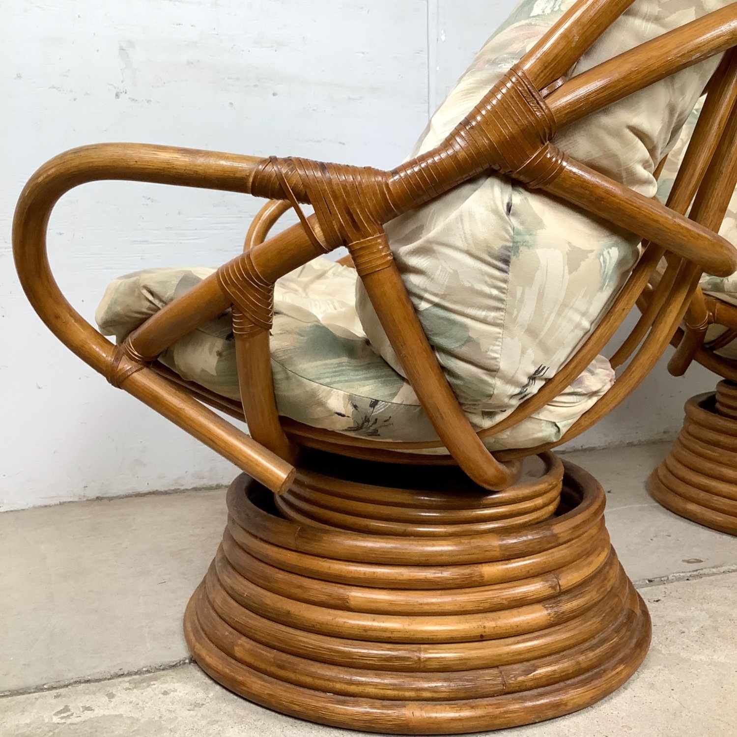 Pair Vintage Rattan Swivel Pedestal Lounge Chairs - image-10