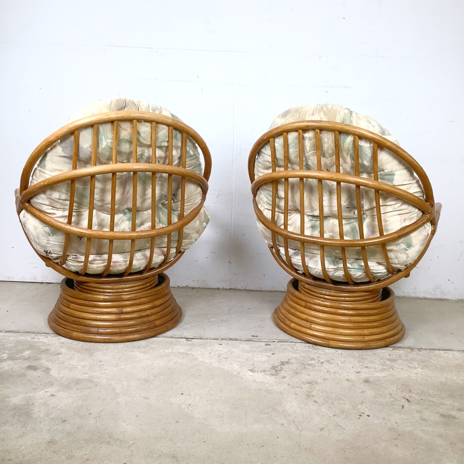 Pair Vintage Rattan Swivel Pedestal Lounge Chairs - image-5
