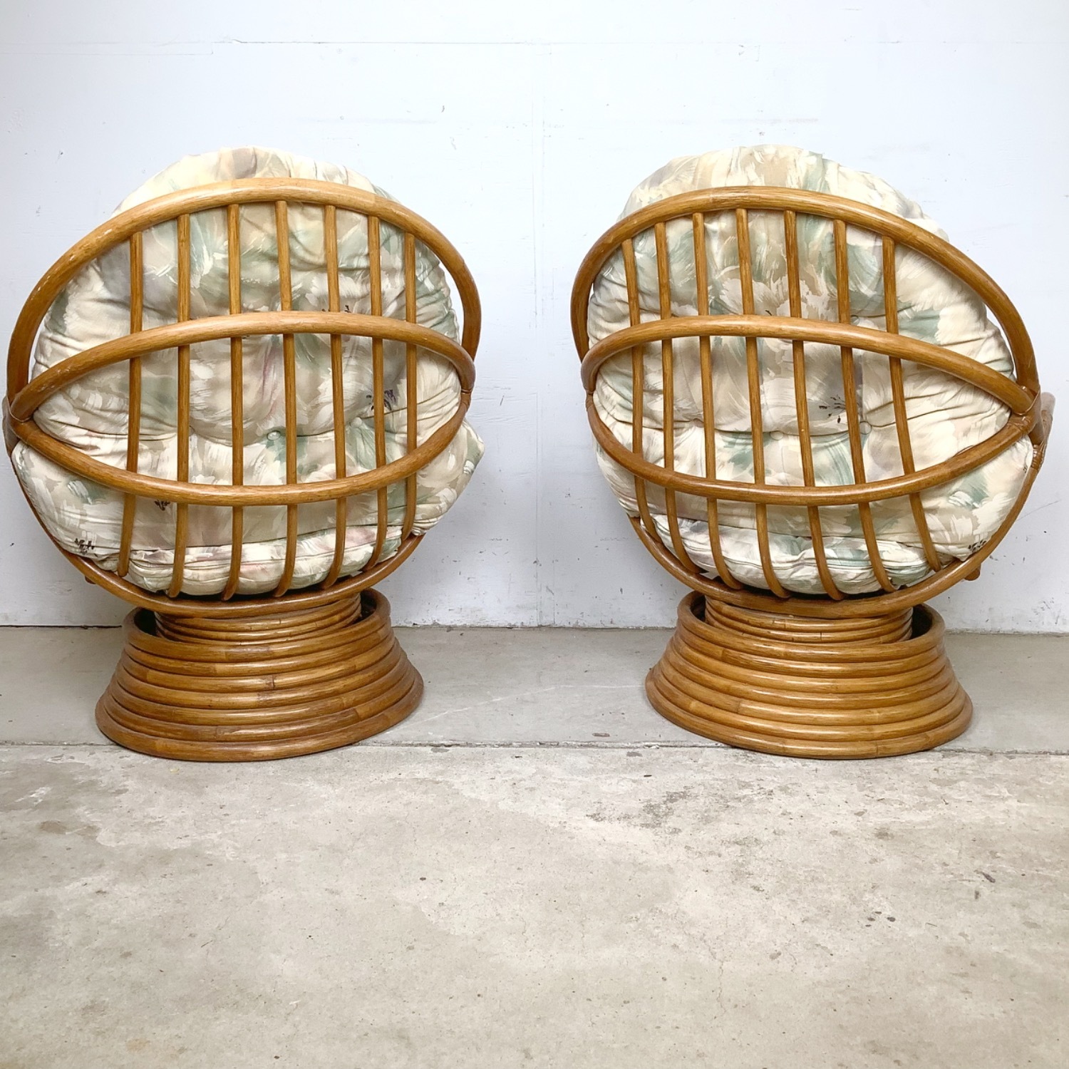 Pair Vintage Rattan Swivel Pedestal Lounge Chairs - image-6