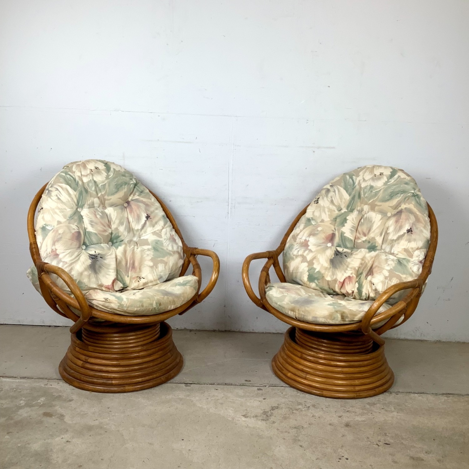 Pair Vintage Rattan Swivel Pedestal Lounge Chairs - image-1