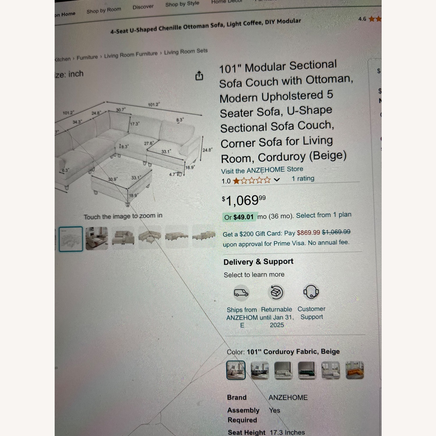 101” Corduroy 5-seater Sectional with Ottoman  - image-5