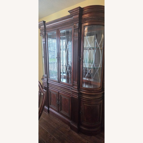 Used Vintage Wood Hutch With Curved Side Glass for sale on AptDeco