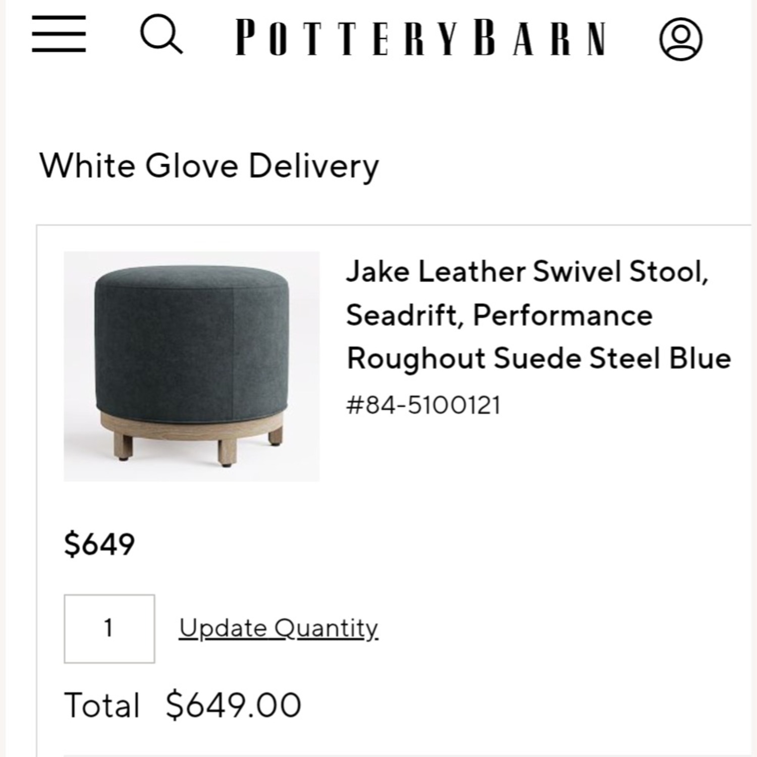 Pottery Barn Jake Swivel Stool in Steel Blue Suede - image-2