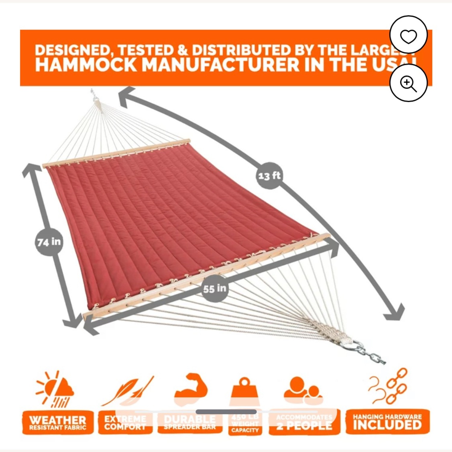 Castaway Double Quilted Hammock Bed - Red - image-2