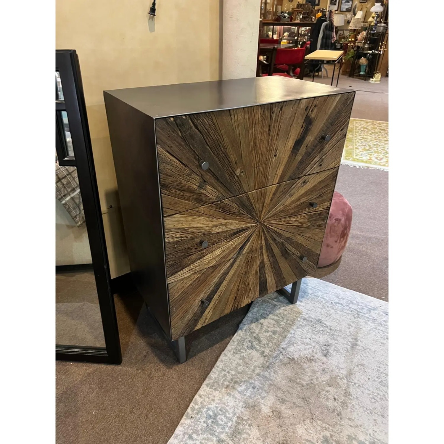 Rough-Hewn Wood Sunburst Cabinet with Metal Base - image-3