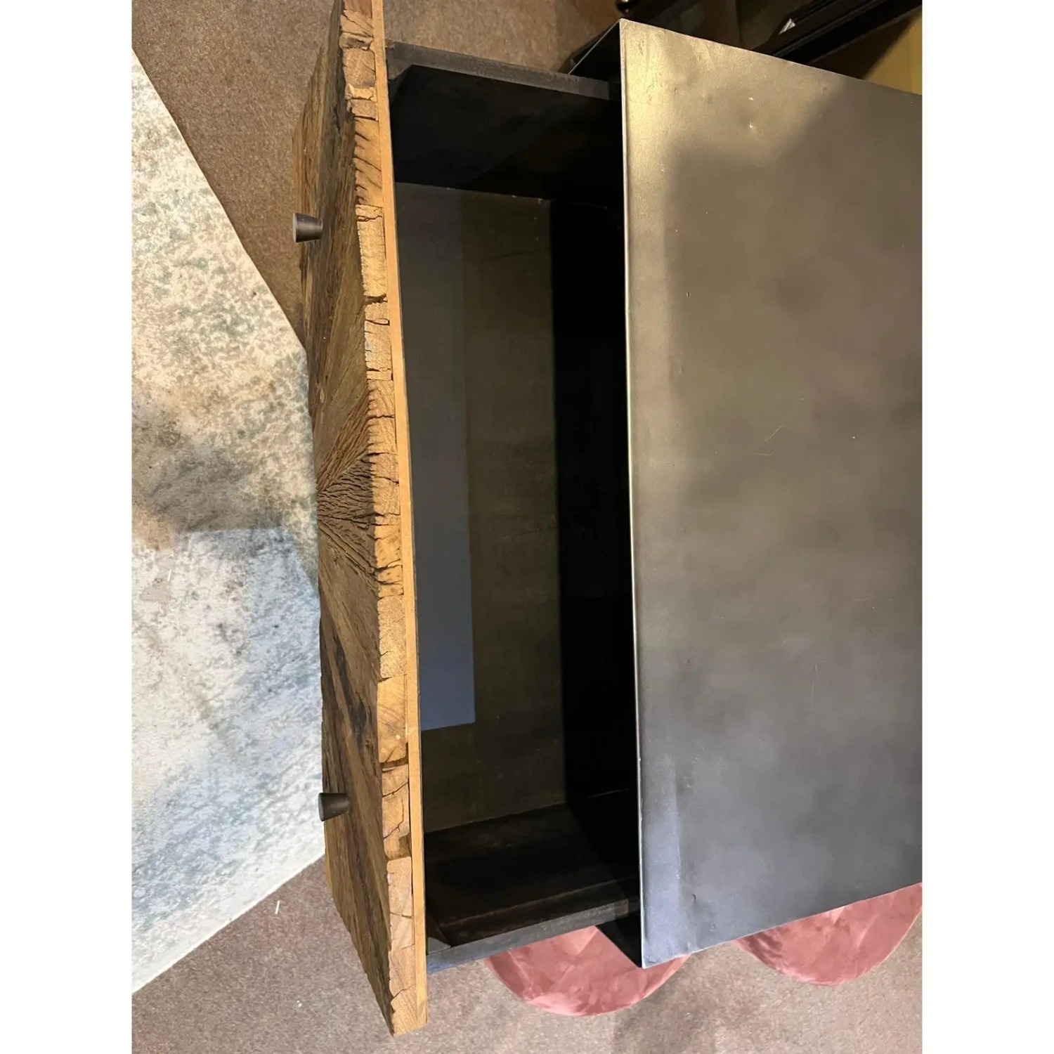 Rough-Hewn Wood Sunburst Cabinet with Metal Base - image-5