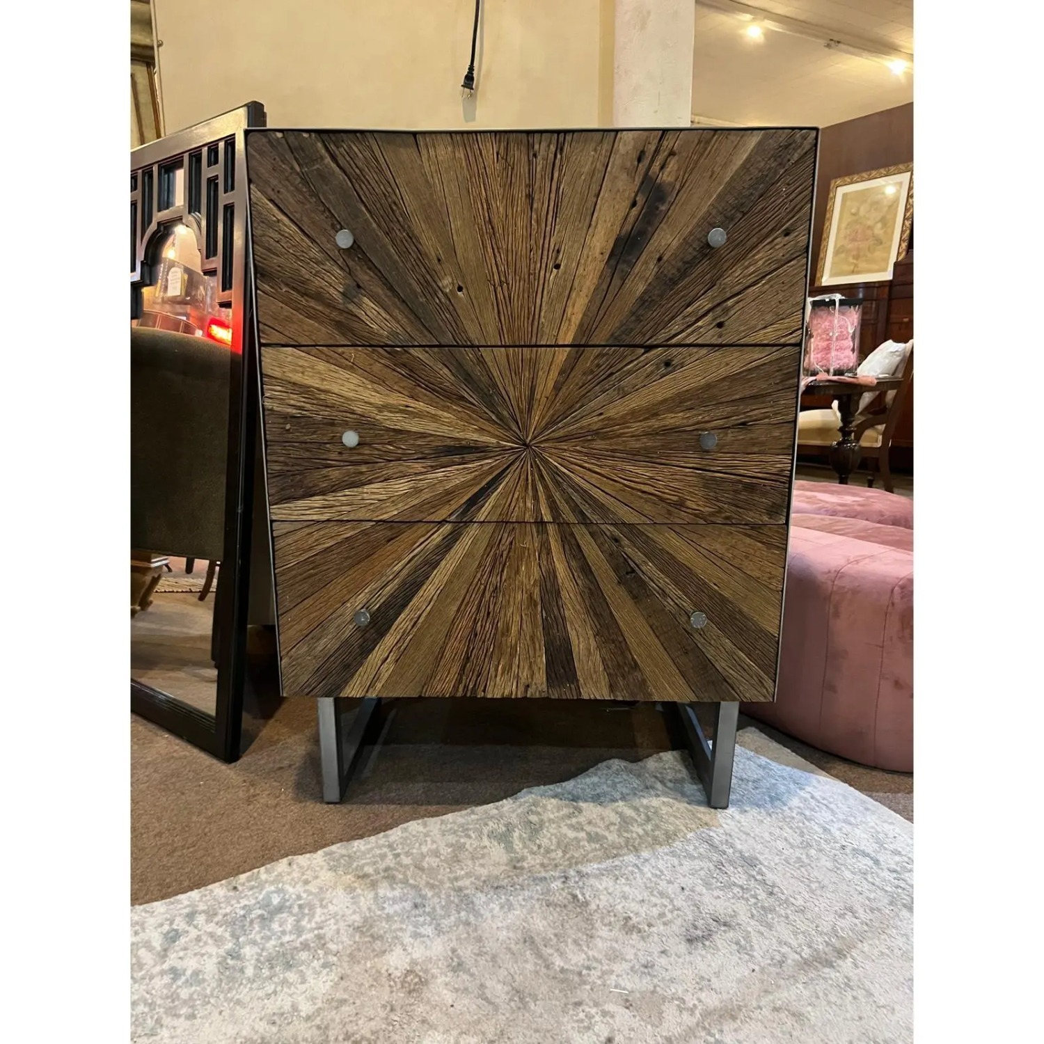 Rough-Hewn Wood Sunburst Cabinet with Metal Base - image-2