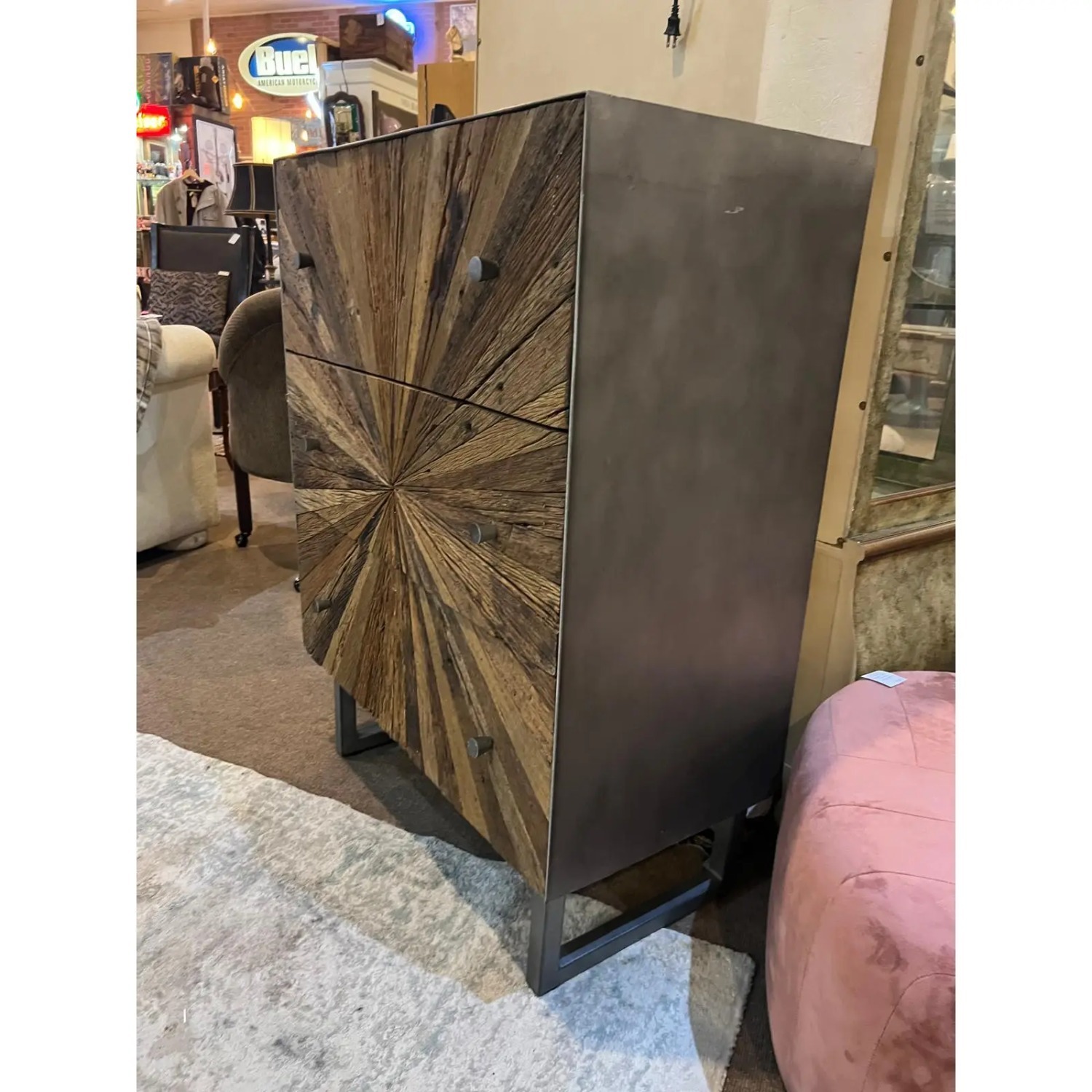 Rough-Hewn Wood Sunburst Cabinet with Metal Base - image-4