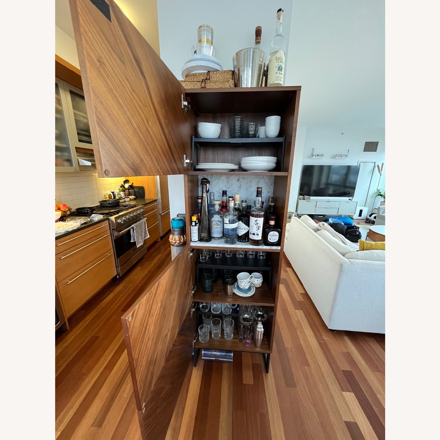 CB2 Suspend White Marble And Wood Bar Cabinet - image-2