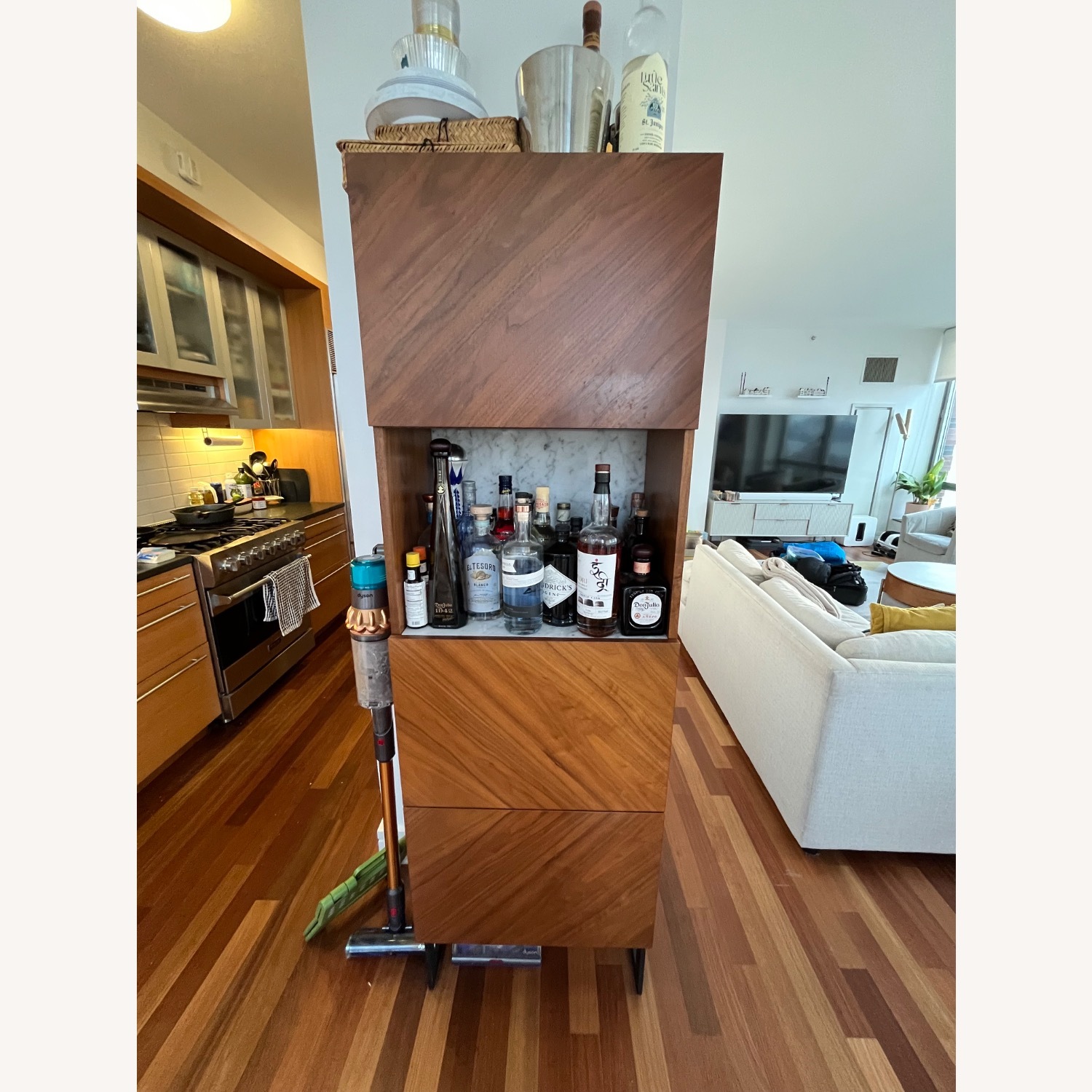 CB2 Suspend White Marble And Wood Bar Cabinet - image-1