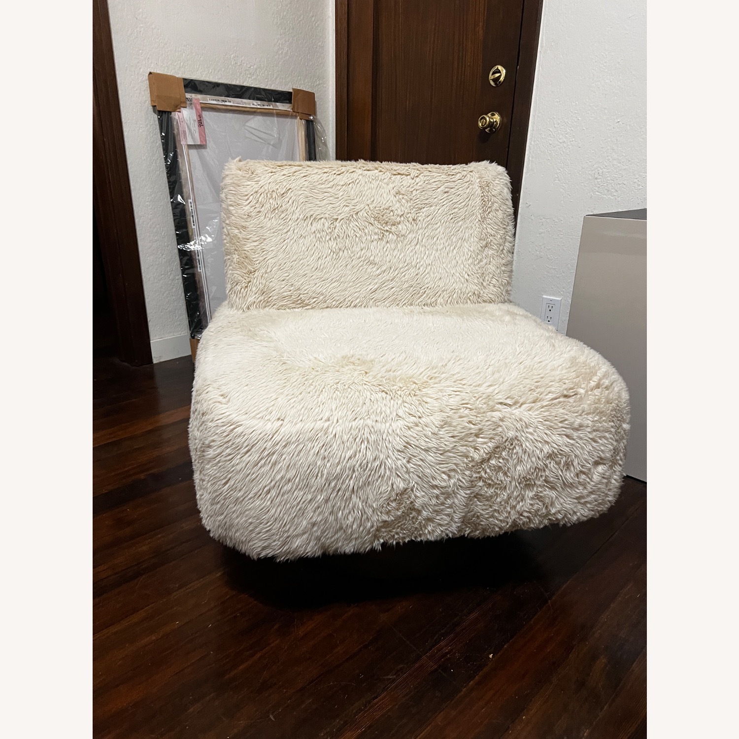 Fur Fabric Swivel Accent Chair with Wood Base - image-1