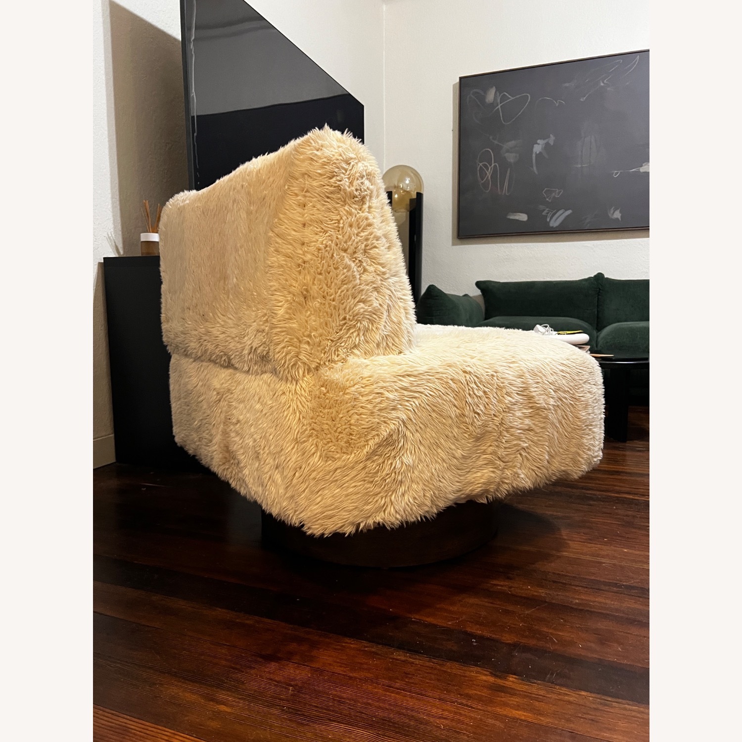 Fur Fabric Swivel Accent Chair with Wood Base - image-2
