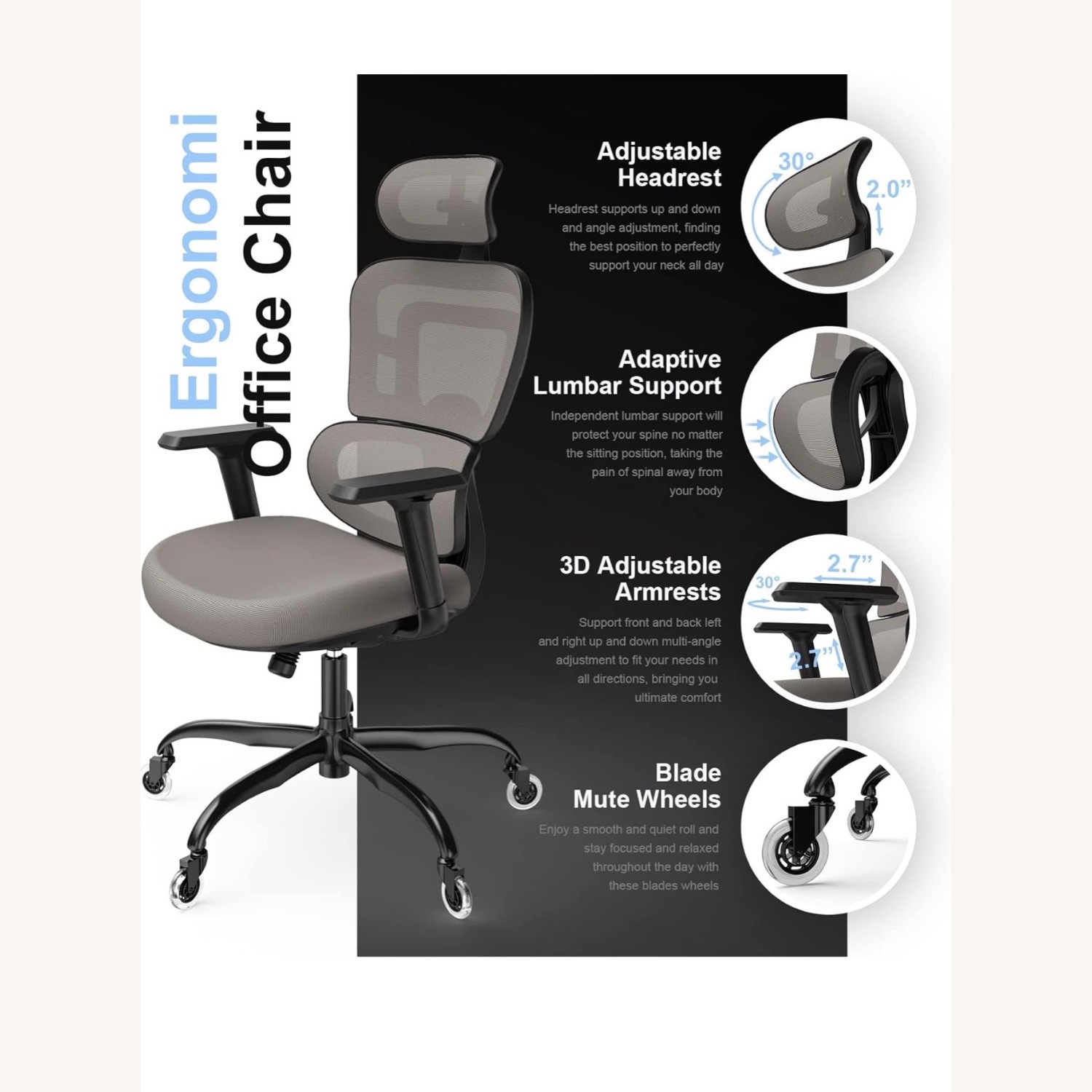 Two Light Gray Ergonomic High Back Executive Chair - image-5