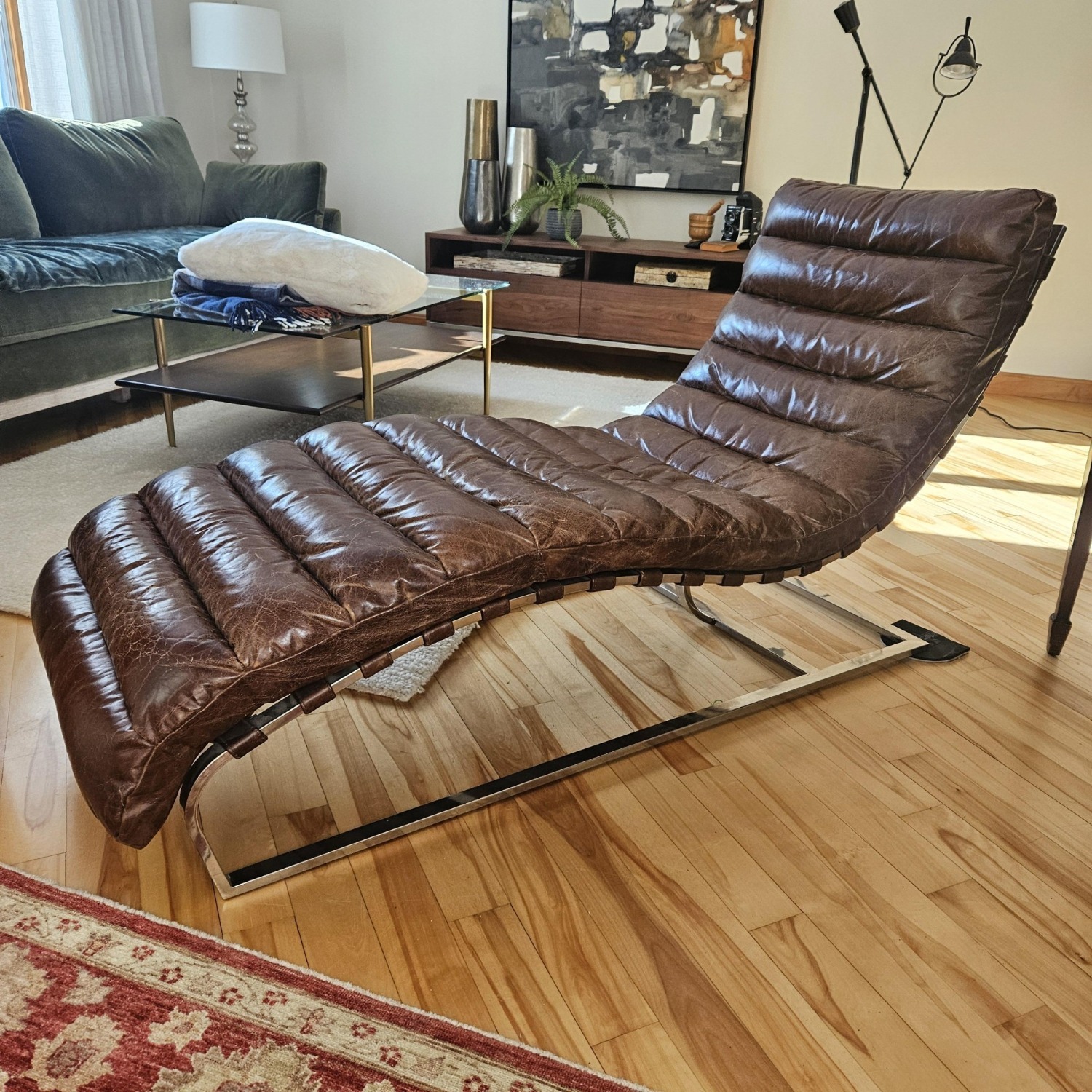 Restoration Hardware Oviedo Brown Leather Chaise Lounge - image-3