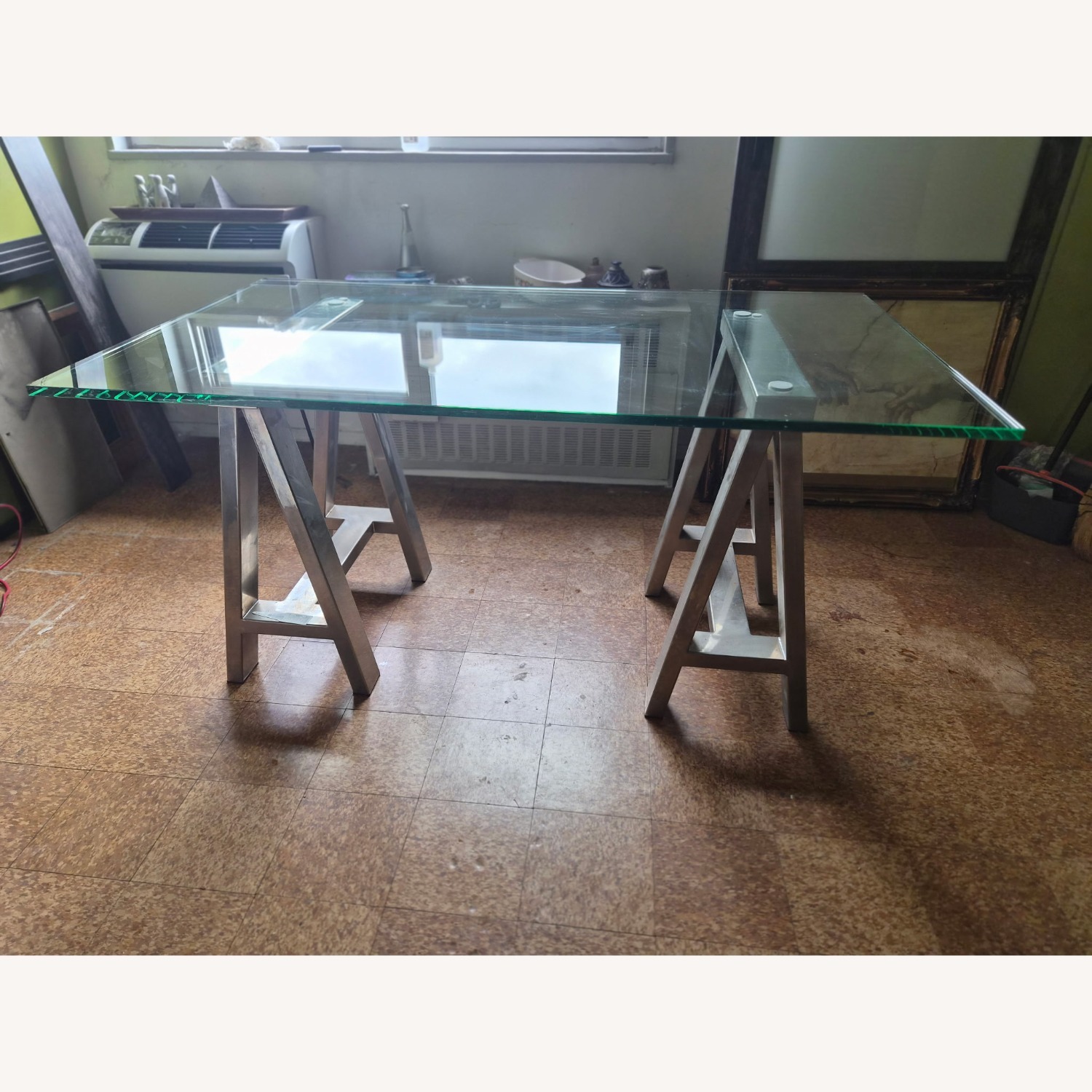 Crate & Barrel Mason Glass + Polished Nickel Trestle Desk - image-3