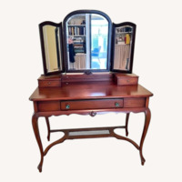 Brown Wood Dressing Table Mirror & Stool Set