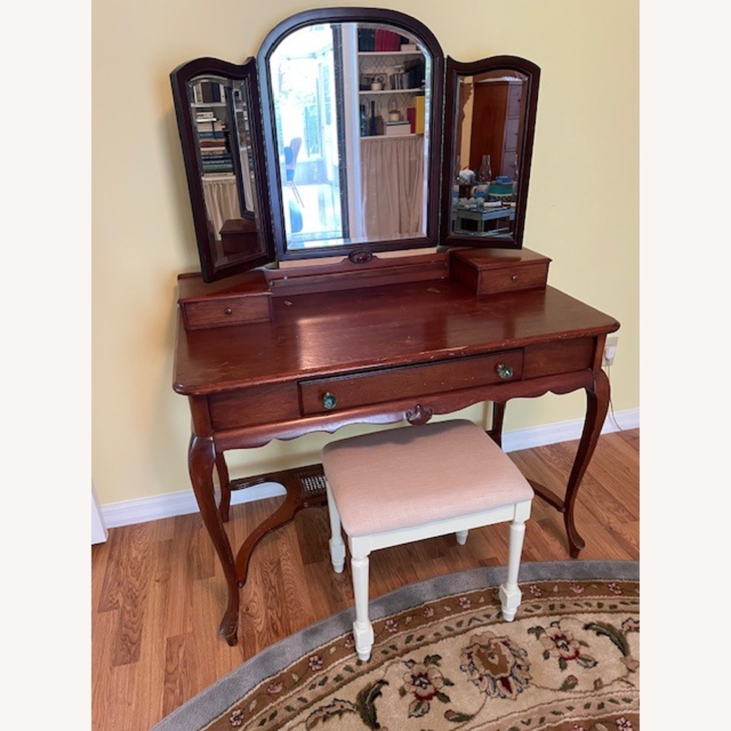 Brown Wood Dressing Table Mirror & Stool Set - image-1
