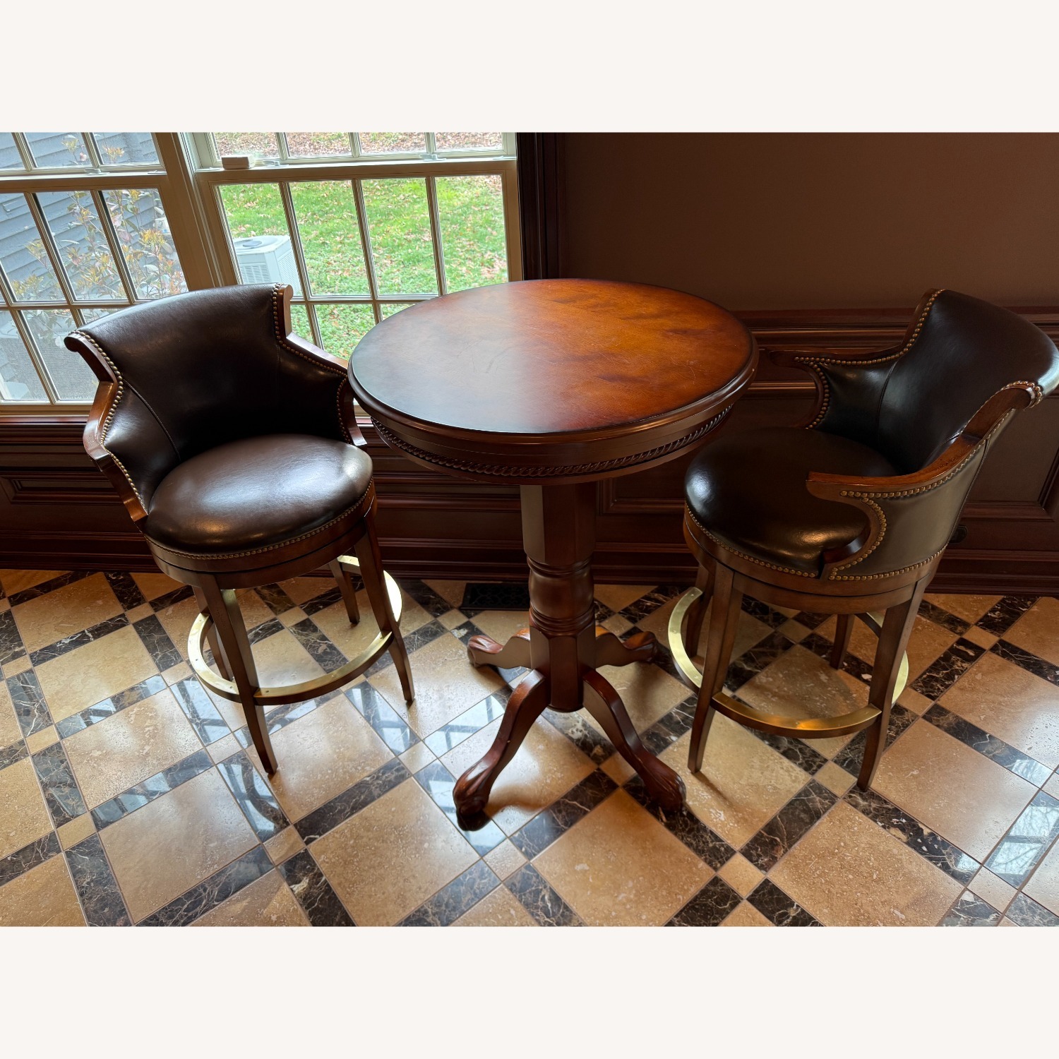  2 Swivel Leather Bar Stools and Table - image-1