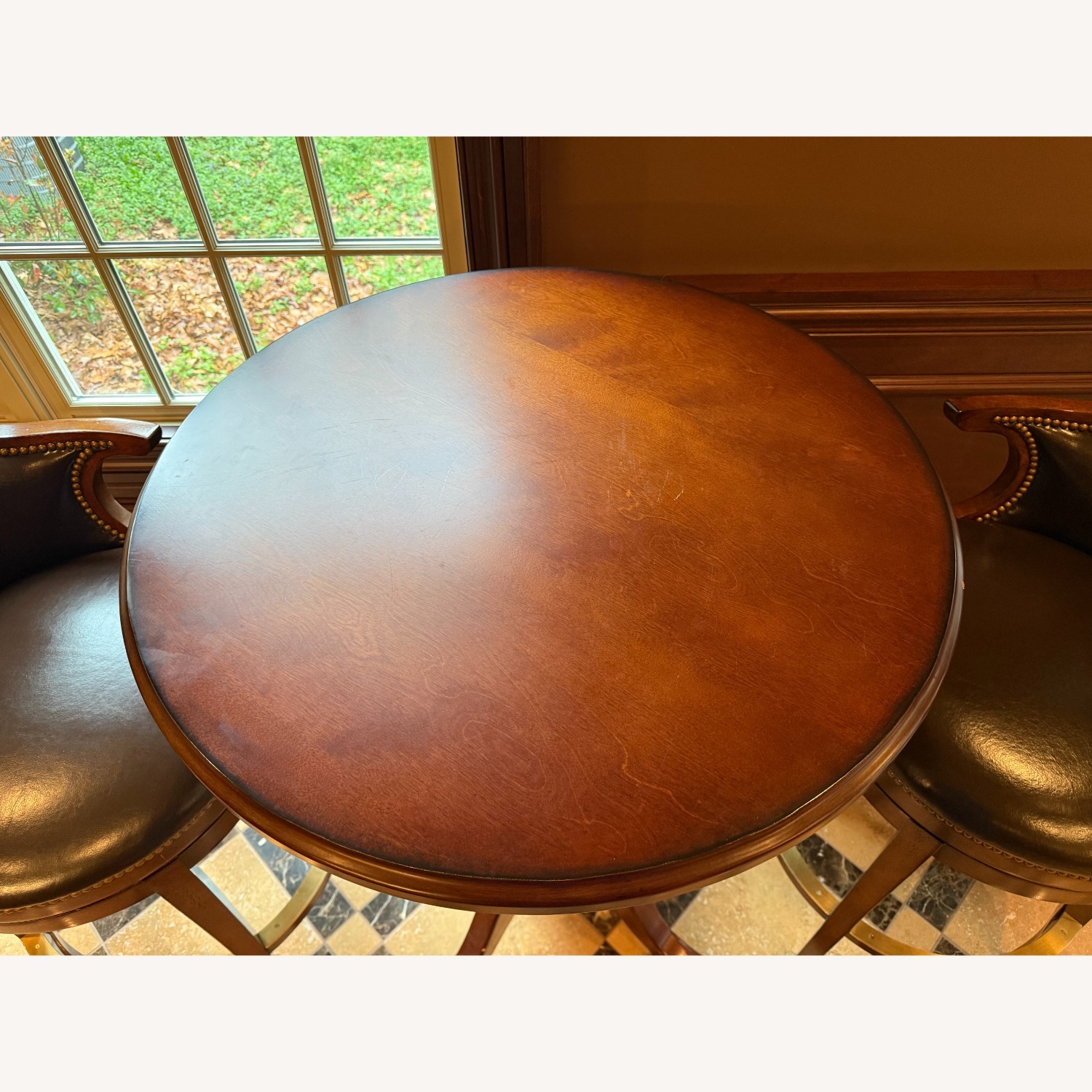  2 Swivel Leather Bar Stools and Table - image-2