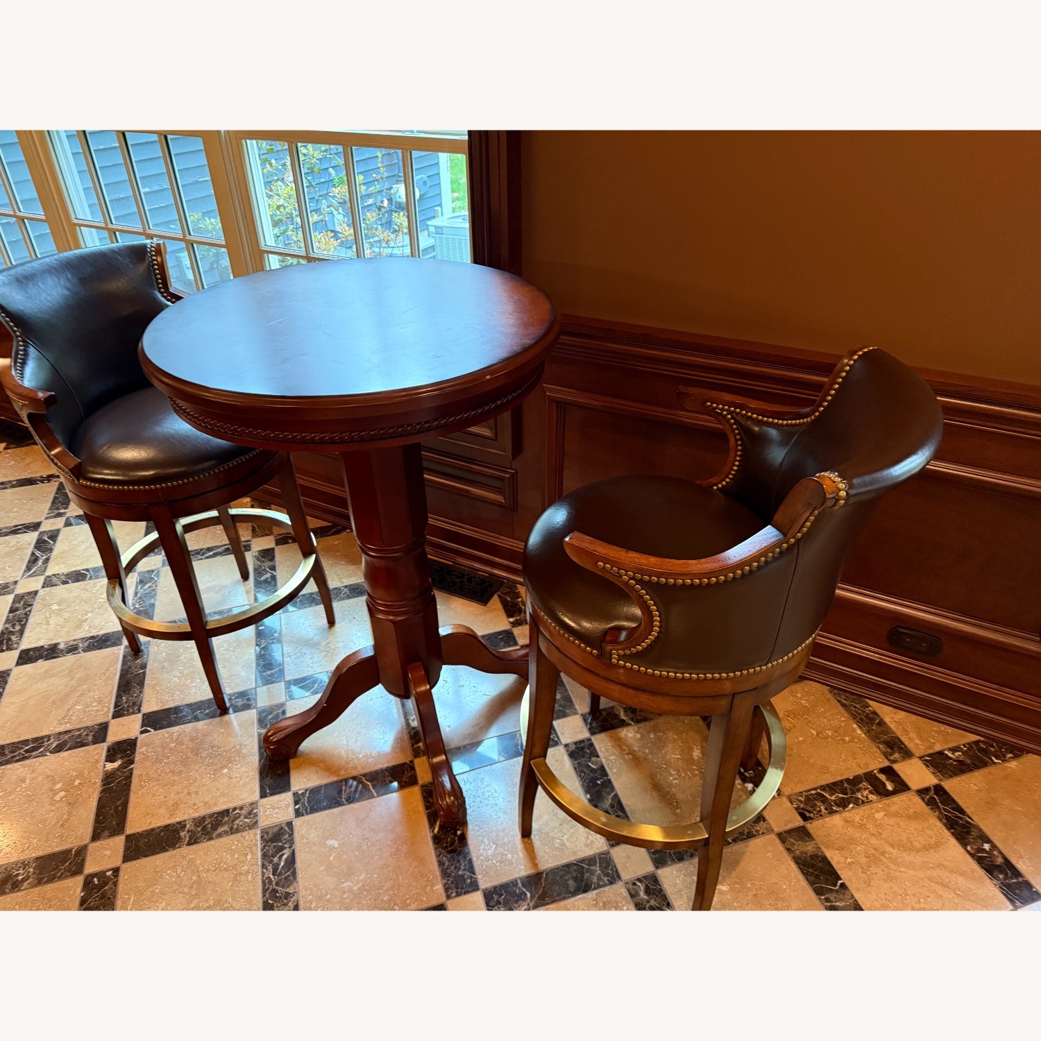  2 Swivel Leather Bar Stools and Table - image-4
