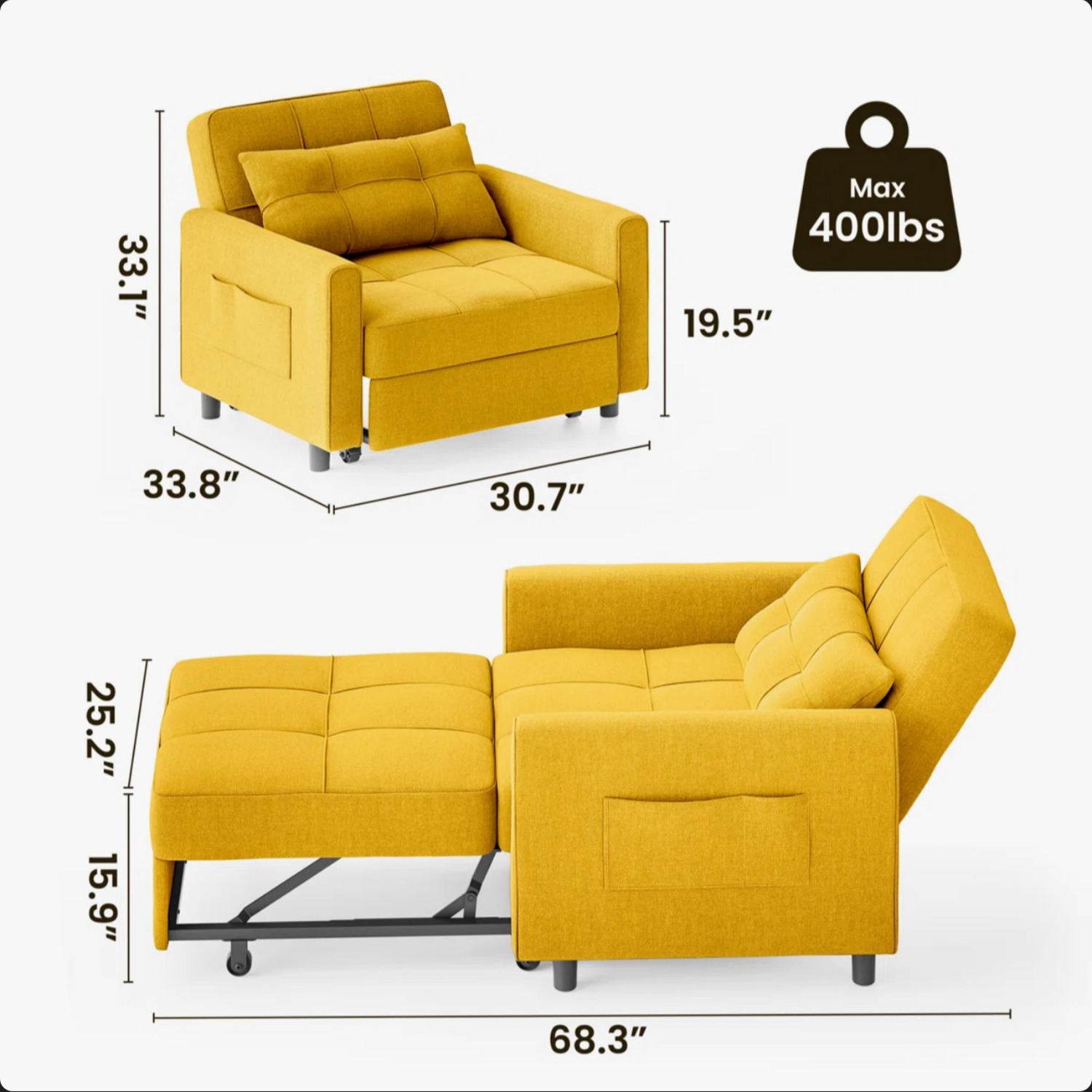 Wayfair 3-in-1 Convertible Yellow Linen Sofa - image-4
