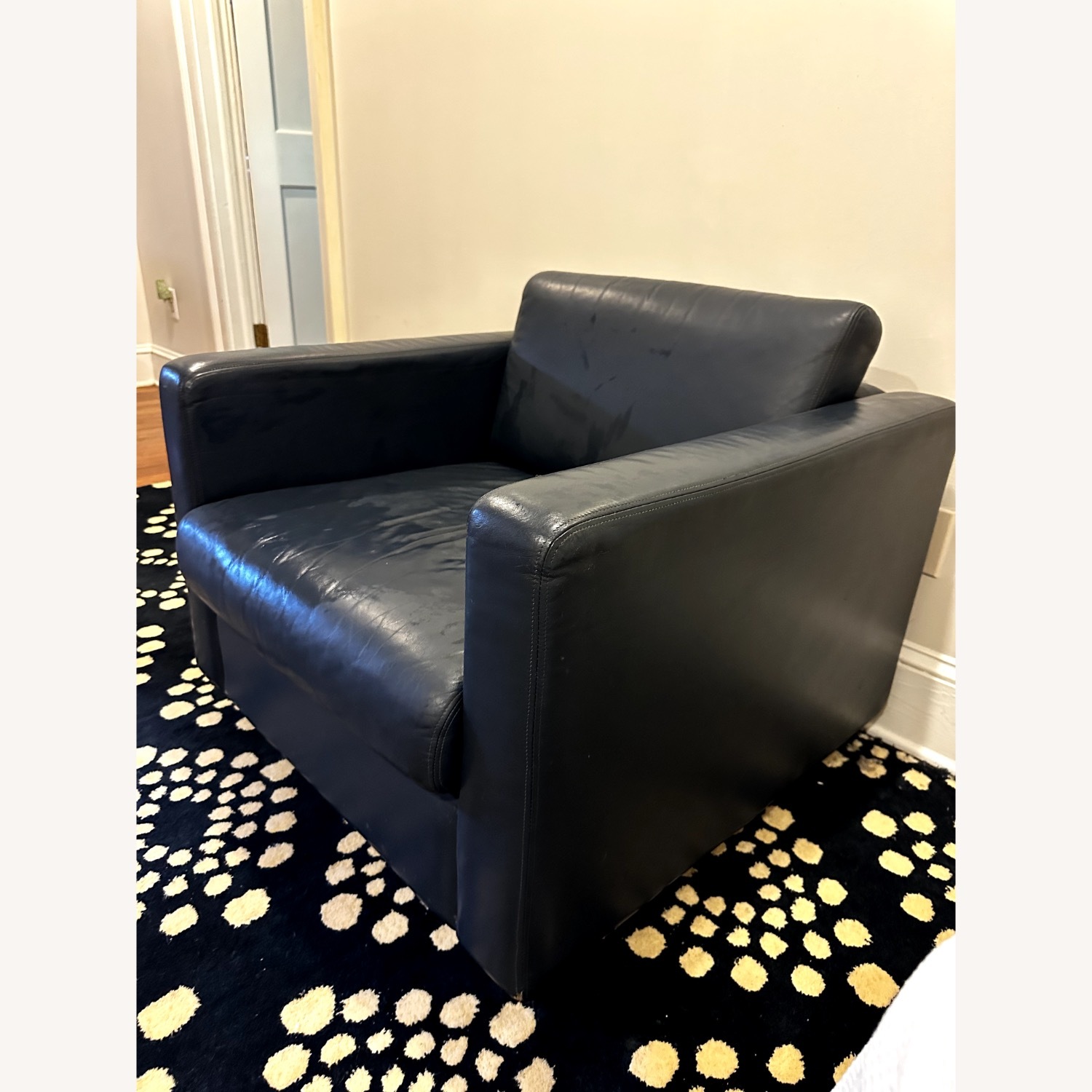 Mid-Century Blue Leather Club Chair on Casters - image-3