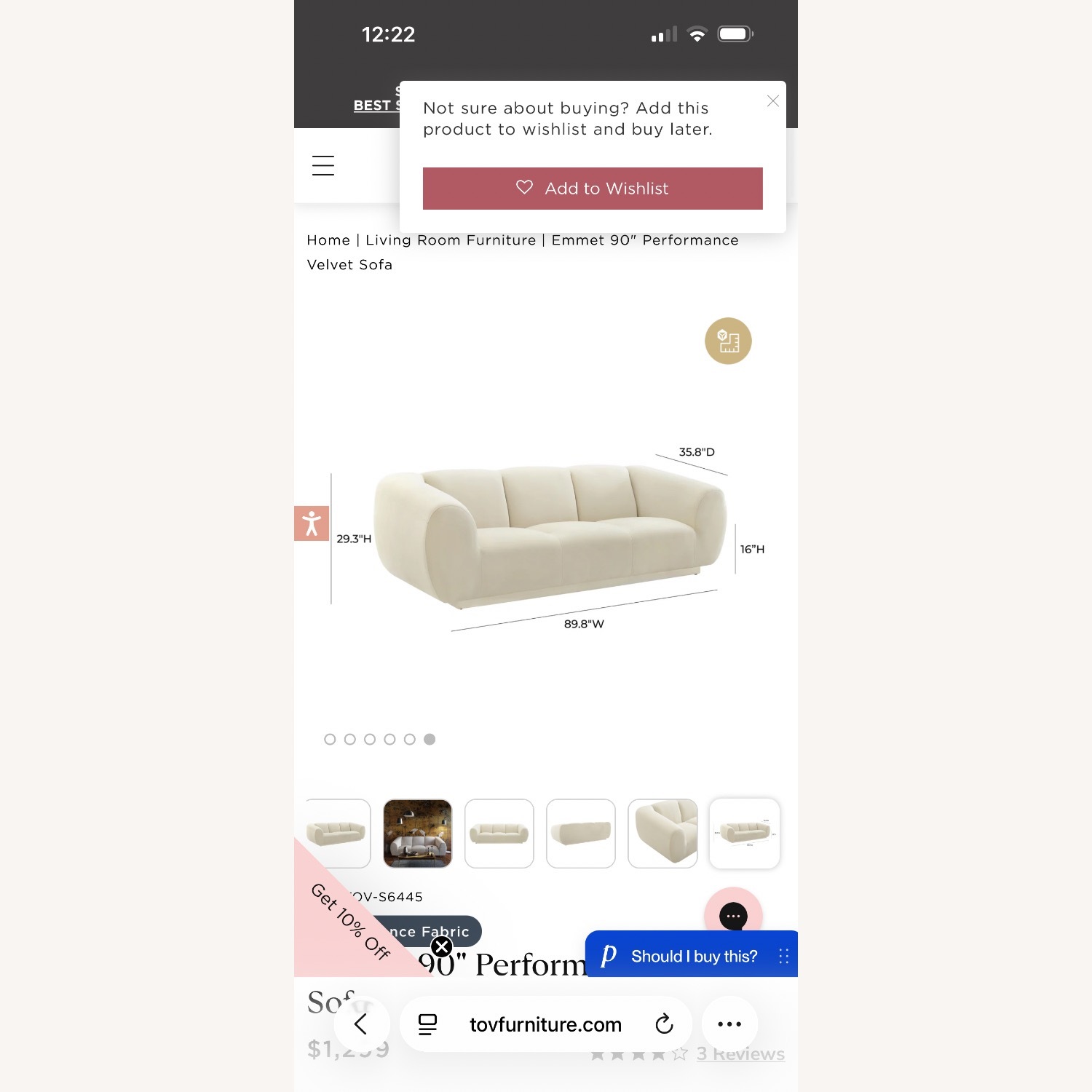 TOV Furniture White Velvet 3+ Seater Sofa - image-3