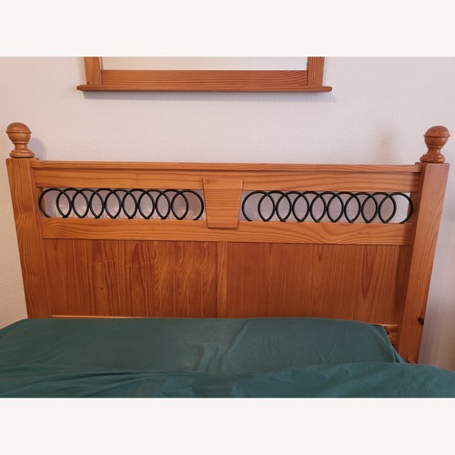 Used Solid Pine & Iron Winged Queen Bed for sale on AptDeco