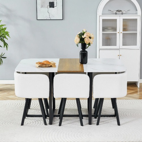 Used  Wayfair Wood Dining Table Set With 6 PU Leather Chairs for sale on AptDeco